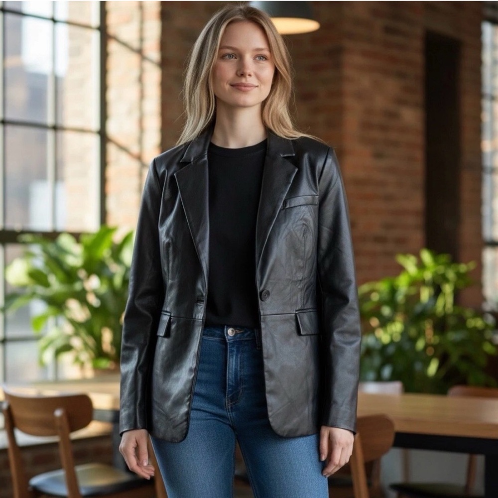 cAbi James Jacket Black
Faux Leather Blazer Womens
Medium NWT Tailored Chic